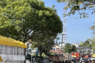 kondisi jejeran Truck yang mengantri bbm di sepanjang jalan protokol Kota Bontang. (istimewa)