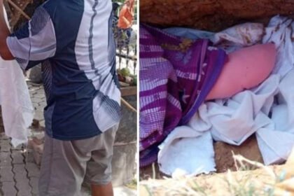Proses rekayasa pemakaman bayi yang dilakukan pasutri di Loktuan, Bontang Utara. (istimewa)