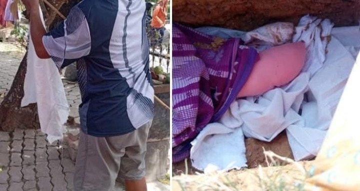 Proses rekayasa pemakaman bayi yang dilakukan pasutri di Loktuan, Bontang Utara. (istimewa)